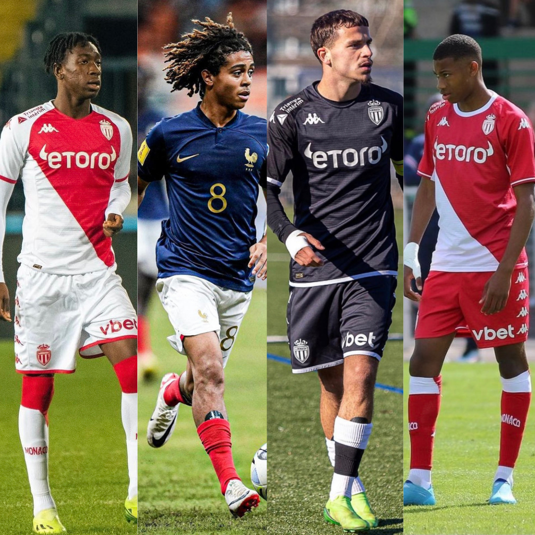 Saïmon Bouabré, Mamadou Coulibaly, Antonin Cartillier et Malamine Efekele portant les produits GLI TECH avec l'AS Monaco et L'Equipe de France