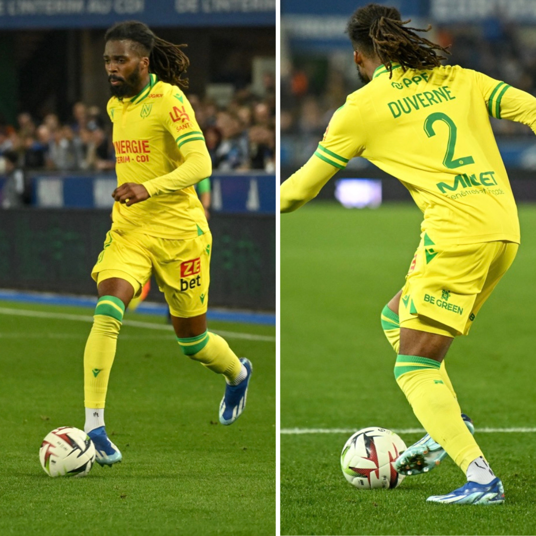 Jean-Kévin Duverne portant les chaussettes antidérapantes GLI TECH en Ligue 1 avec le FC Nantes